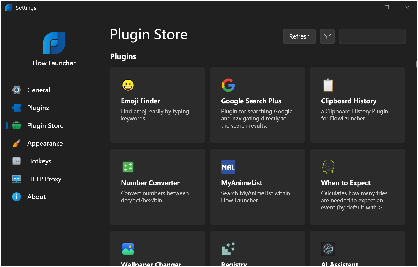 Flow Launcher plugin store showing available community plugins